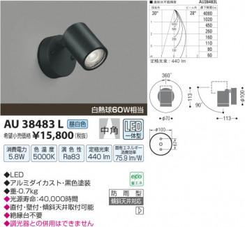 �������߾��� KOIZUMI �����ȥɥ����ݥåȥ饤�� LED AU38483L ���β���