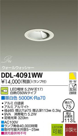 DAIKO ����ŵ� LED�������륦���å��㡼������饤�� DECOLED��S(LED����) DDL-4091WW �ᥤ��̿�