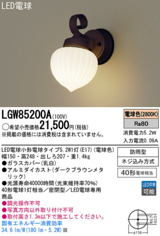 Panasonic LED �������ƥꥢ�������ȥɥ� LGW85200A �ᥤ��̿�