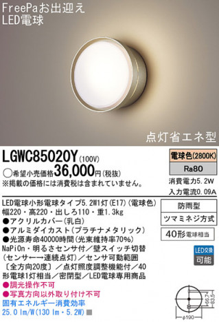 Panasonic LED �������ƥꥢ�������ȥɥ� LGWC85020Y �ᥤ��̿�