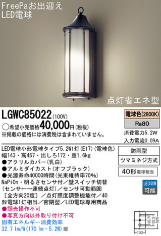Panasonic LED �������ƥꥢ�������ȥɥ� LGWC85022 �ᥤ��̿�