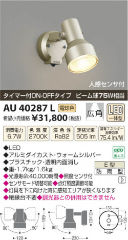 �������߾��� KOIZUMI �����ȥɥ����ݥåȥ饤�� LED AU40287L ���β���