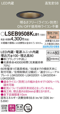 Panasonic ダウンライト LSEB9508KLB1 メイン写真
