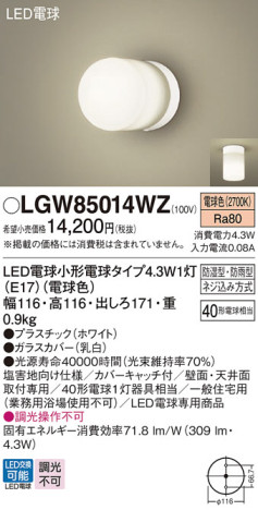 Panasonic エクステリアライト LGW85014WZ メイン写真