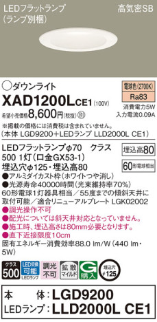 Panasonic ダウンライト XAD1200LCE1 メイン写真