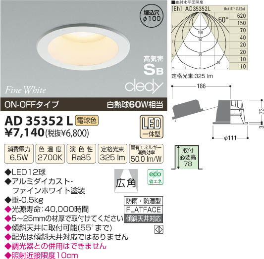 コイズミ照明 KOIZUMI LED高気密ダウンライト AD35352L | 商品紹介 ...