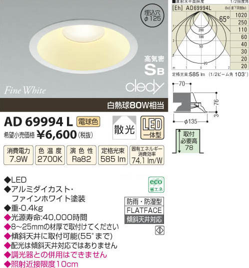 コイズミ照明 KOIZUMI LED高気密ダウンライト AD69994L | 商品