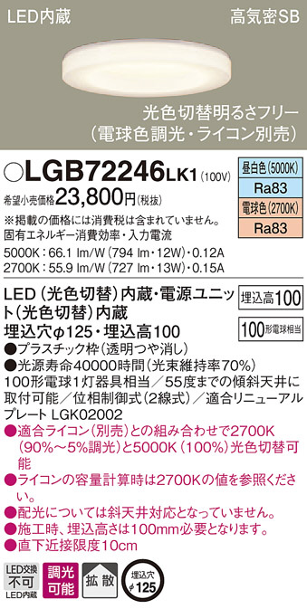 Panasonic LED ダウンライト LGB72246LK1 | 商品紹介 | 照明器具の通信