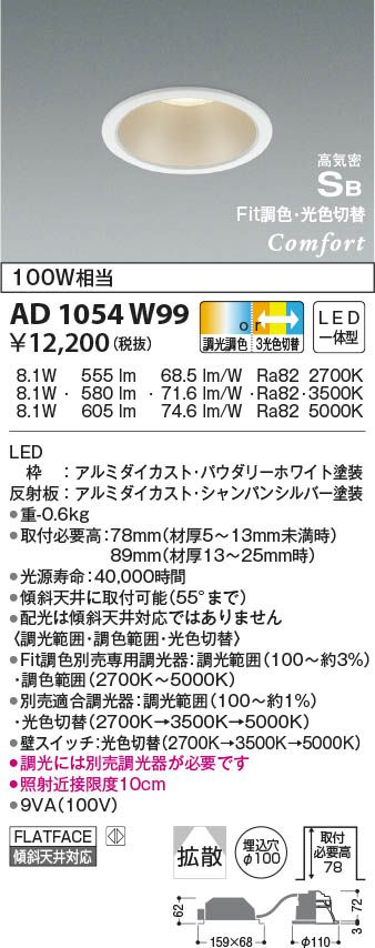 KOIZUMI コイズミ照明 高気密SBダウンライト AD1054W99 | 商品紹介
