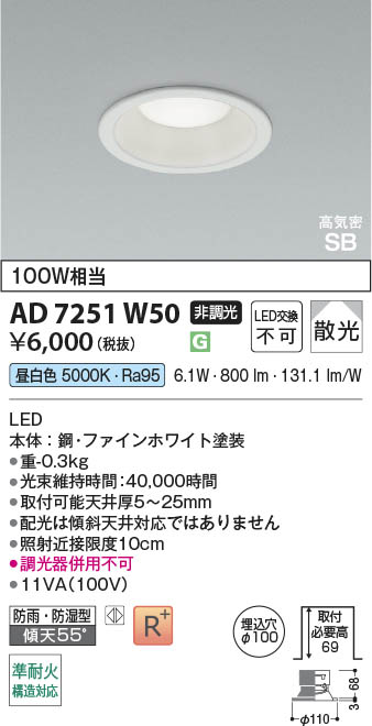 Koizumi コイズミ照明 LED高気密SBダウンライト AD7251W50 | 商品紹介